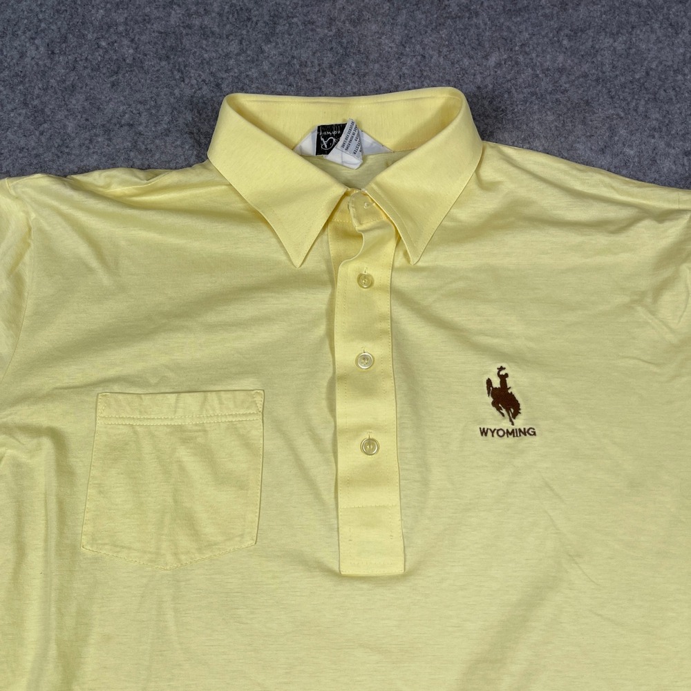 Vintage Dache Polo Shirt Men XL Yellow Wyoming Cowboys Short Sleeve Cotton Blend